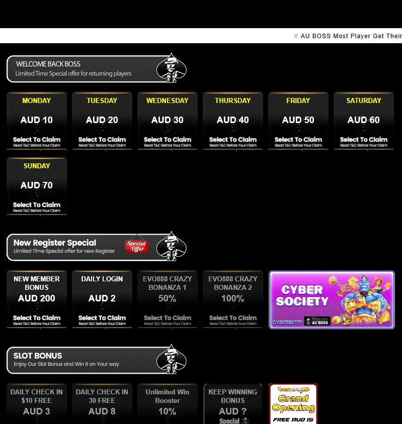 AU Boss Casino desktop promotions interface with deposit and bonus offers