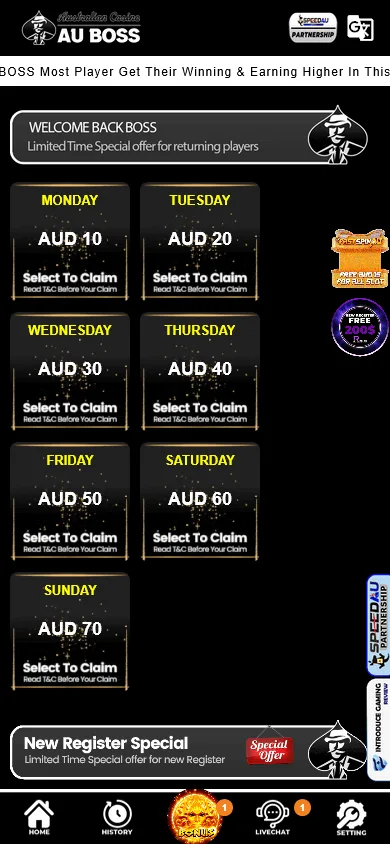 AU Boss Casino mobile promotions interface with casino bonus offers