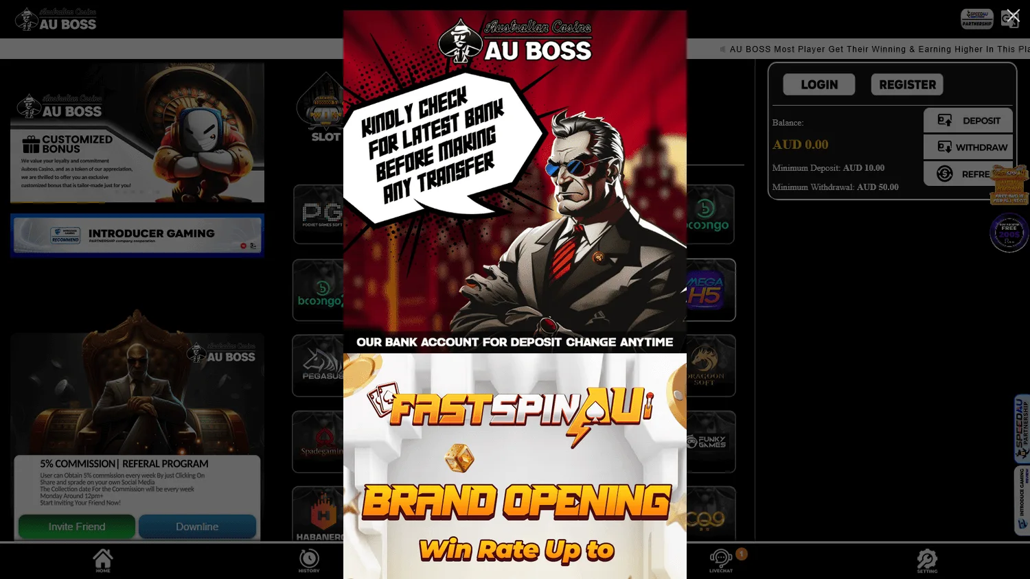 AU Boss Casino desktop home interface with the AUD casino offer