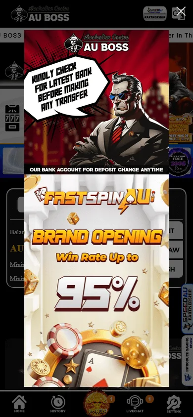 AU Boss Casino mobile home interface with bottom navigation